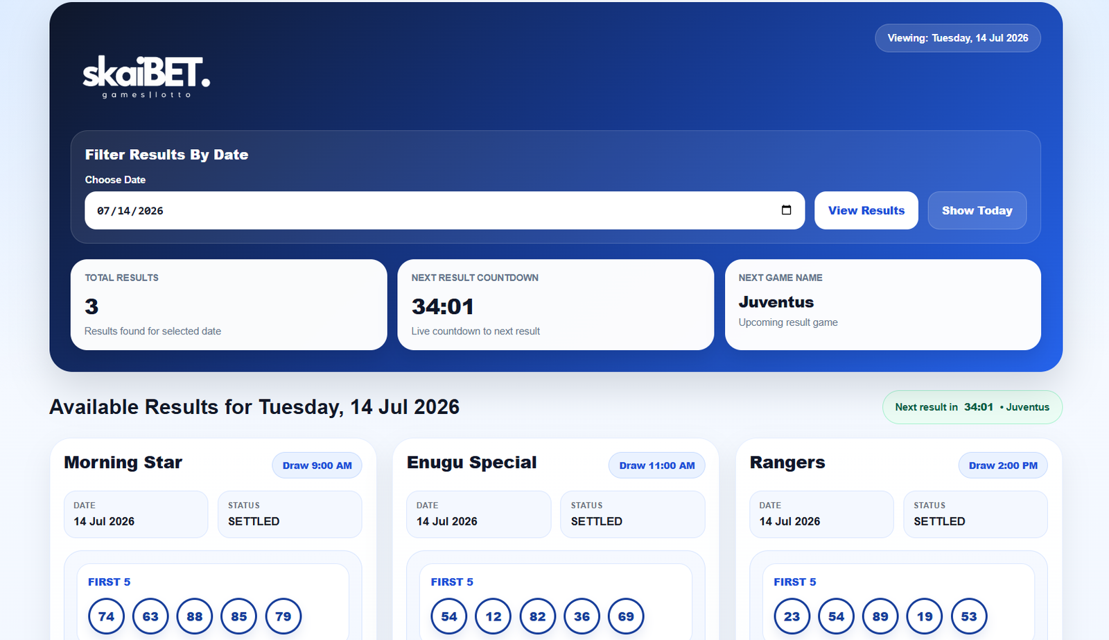 Skiabet LOTTO gaming platform interface